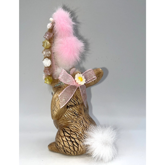 Vintage Ceramic Dancing Easter Bunny With Poof Faux Fur Flower Hat Deb O. OOAK - Picture 12 of 16